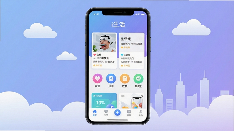 绘制一张手机应用宣传图,画面主体为一部大屏智能手机,屏幕中央清晰显示“i生活”软件主界面,包含生活资讯卡片、圆形功能图标和底部导航栏,背景为柔和的渐变蓝紫色,搭配简洁的白色云朵和城市剪影元素,整体风格现代清新,突出软件的综合生活服务定位,画面比例为16:9,高分辨率渲染。
