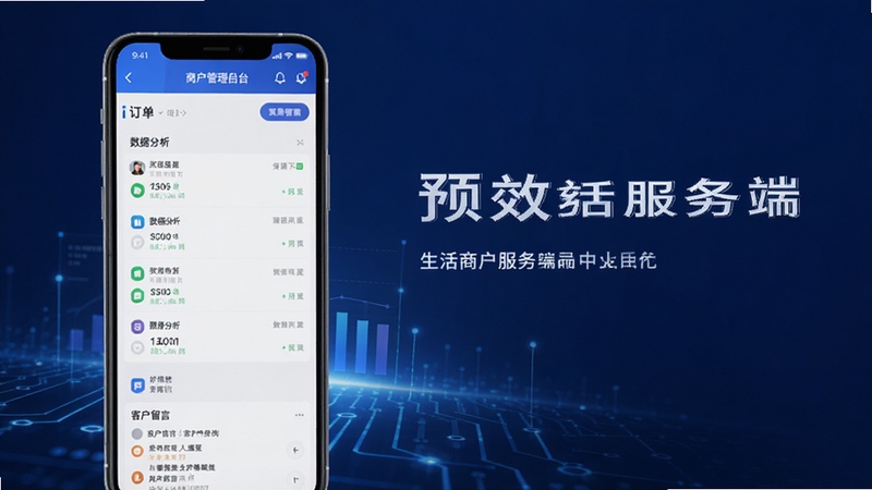 i生活商户服务端界面预览图,画面展示手机上的商户管理后台,包含订单列表、数据分析图表和客户留言板块,背景为深蓝色科技感渐变,突出专业与高效,适合商业场景配图,横版构图。