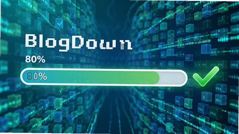 博客微博备份工具BlogDown增量备份功能示意图,画面展示一个进度条从80%继续向前推进,旁边有绿色对勾标记已完成文件,背景为流动的数据块,色调明亮,强调高效与可靠的备份体验