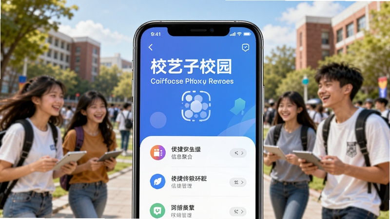 校艺校园活动管理软件主视觉图,画面中央是手机界面展示,背景是模糊的大学校园与青春人群,色彩明快,突出信息聚合与便捷管理核心功能