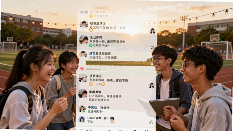 校艺软件互动社区功能展示图,画面展示活动评论区内同学们的热烈讨论,背景是校园操场的黄昏景色,氛围轻松愉悦