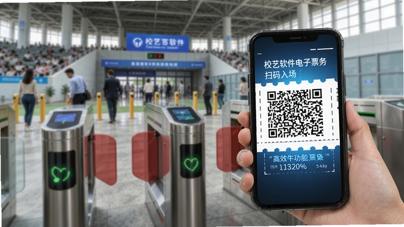 校艺软件电子票务与扫码入场功能展示图,画面展示手机上的二维码门票样式,背景是体育馆入口的检票闸机,突出高效与便捷