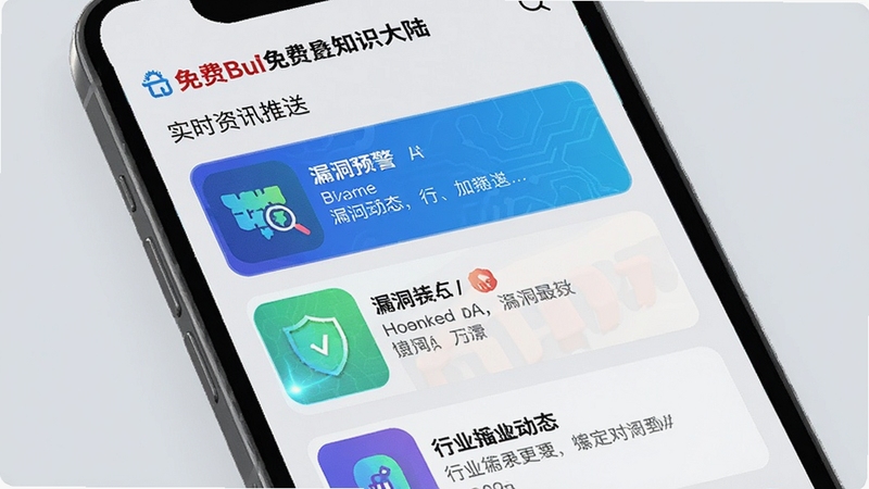 FreeBuf知识大陆实时资讯推送界面,手机屏幕上展示滚动新闻卡片,包含漏洞预警与行业动态,背景为浅灰色,图标醒目,色彩鲜明,科技感强