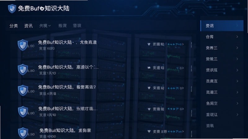 FreeBuf知识大陆主界面预览图,展示资讯列表与分类导航,背景为深蓝色科技感界面,图标为盾牌造型,整体风格专业现代,高清渲染