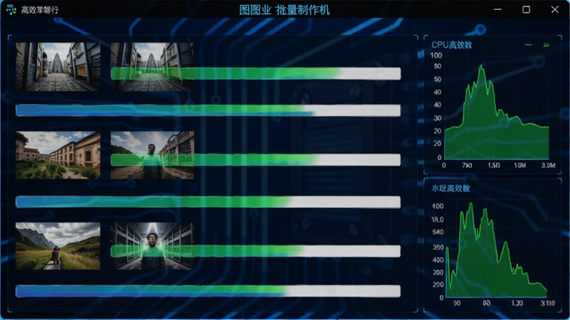 缩略图批量制作机处理进度界面,显示多张图片正在并行转换,进度条快速推进,CPU占用率图表显示高效运行,背景为深蓝色科技感界面,软件名称以亮色字体标注在窗口标题栏