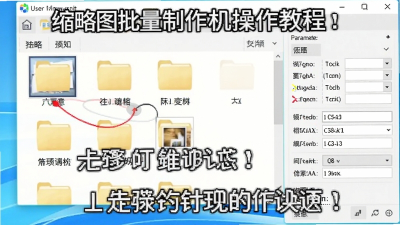 缩略图批量制作机操作教程截图,展示用户正在拖拽图片文件夹至软件窗口,右侧参数面板清晰可见,界面明亮清晰,配有步骤说明文字,整体教学氛围浓厚