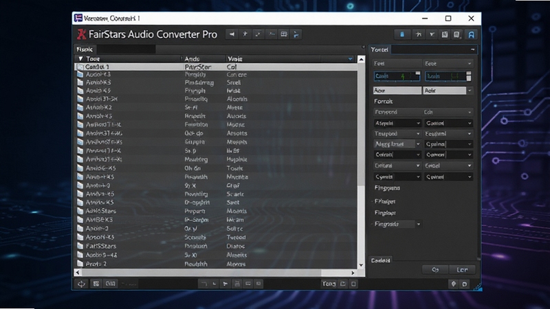 高清数字音频工作站界面,FairStars Audio Converter Pro主窗口居中显示,左侧为音频文件列表,右侧为格式选择面板,背景为深色科技感渐变,突出软件的专业与高效,整体画面明亮清晰,风格现代简洁,FairStars Audio Converter Pro 预览图