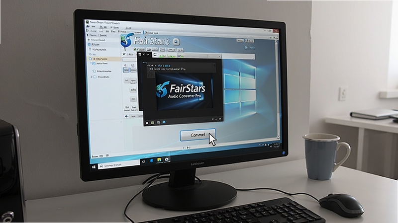 FairStars Audio Converter Pro 软件运行在Windows电脑桌面上的实拍场景,电脑屏幕显示软件主界面,周围环境为简洁办公桌,鼠标指针指向转换按钮,画面真实自然,突出实际使用效果,FairStars Audio Converter Pro 预览图