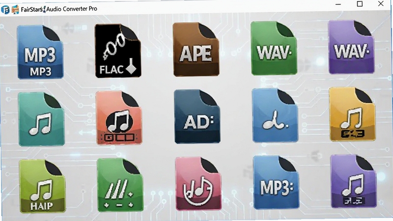 FairStars Audio Converter Pro 软件界面中展示多种音频格式图标排列,包括MP3、FLAC、APE、WAV等,背景为浅灰色科技纹理,图标色彩鲜艳,突出格式转换的多样性,画面居中,风格简洁清晰,FairStars Audio Converter Pro 预览图