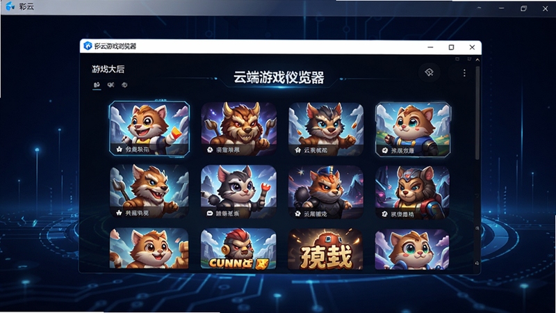 彩云游戏浏览器主界面展示,画面中央是游戏大厅,排列着多款热门游戏图标,背景为深色科技感渐变,界面简洁明亮,整体呈现现代感与未来感,突出云端游戏便捷体验,高分辨率,细节丰富,适合作为软件官网预览图