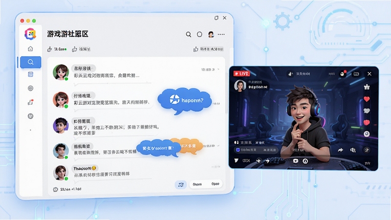 彩云游戏浏览器的游戏社区界面,展示玩家讨论区与直播窗口,背景为浅色科技风格,有用户头像与评论气泡,界面友好活泼,色彩鲜明,突出互动与分享氛围,高清晰度,适合作为功能展示预览图