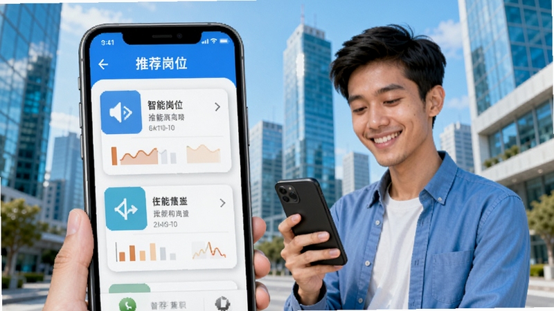 立结兼职智能推荐功能示意图,手机上显示推荐岗位卡片,背景为现代都市建筑,人物满意地查看手机,色调明快