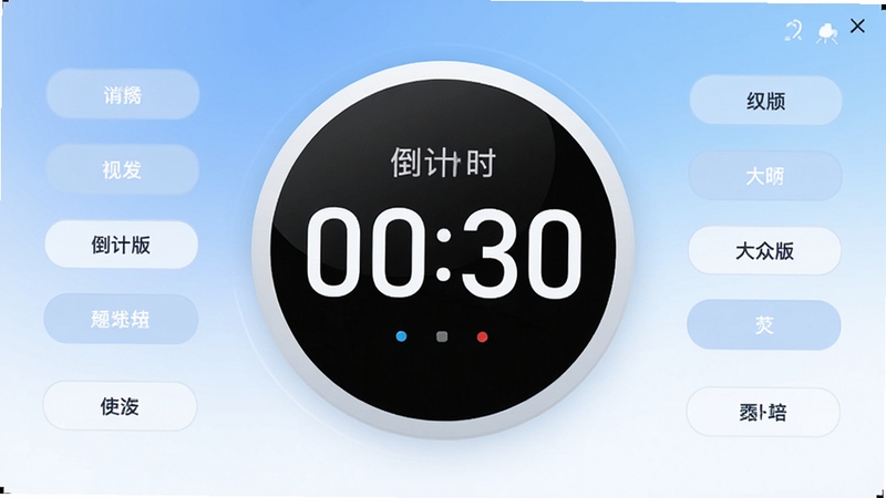 倒计时 大众版软件主界面预览图,画面中心是一个醒目的大号数字倒计时圆盘,背景采用柔和的蓝白渐变,周围简洁的按钮布局,整体风格干净清爽,突出时间显示的清晰度与软件的易用性