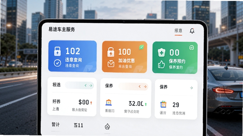 易途车主服务预览图,展示软件主界面,背景为城市道路与汽车,界面包含违章查询、加油优惠、保养预约等功能卡片,现代简约风格,高清细节