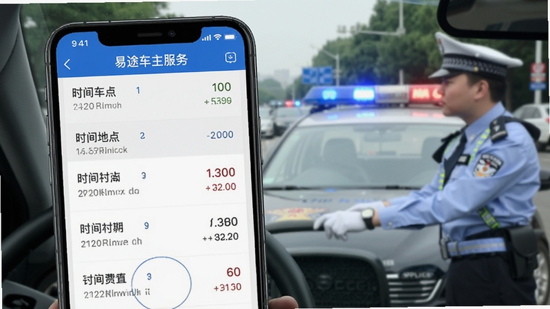 易途车主服务违章查询界面,手机屏幕显示车辆违章列表,包含时间地点罚款金额,背景为交警执法场景,界面清晰直观,蓝色调