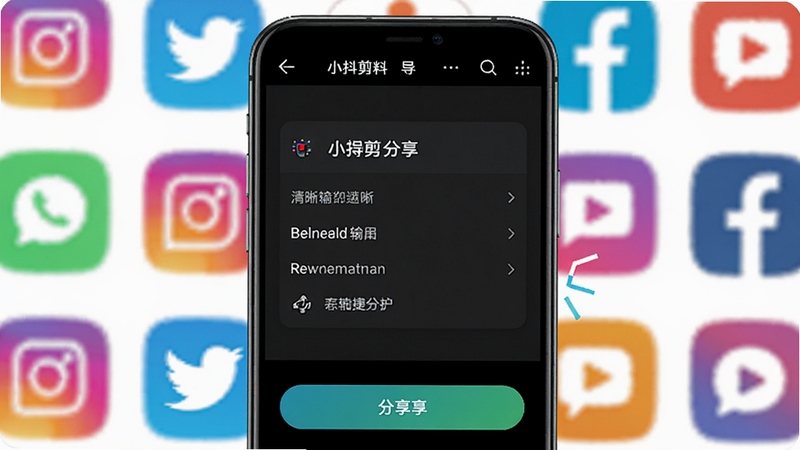 小抖剪辑导出分享功能界面,手机屏幕显示导出清晰度选项和分享按钮,背景为色彩斑斓的社交图标,画面主体为软件界面,强调高清输出和便捷分享,风格活泼明快