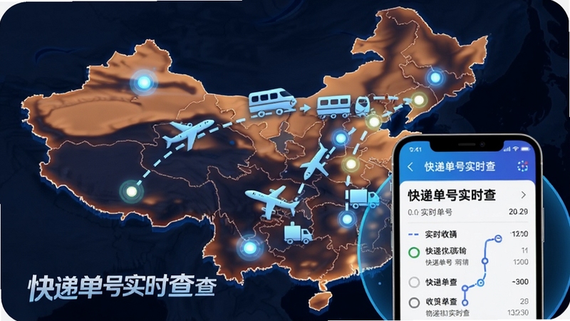 设计一张信息图风格的预览图,画面以中国地图为背景,地图上散布着多个发光的节点,一条虚线从发货地连接到收货地,虚线沿途有飞机、火车和卡车的图标,画面右下角叠加一个放大的手机界面,界面显示快递单号实时查的物流轨迹详情列表,整体配色科技感十足,强调软件名称“快递单号实时查”的全程追踪能力