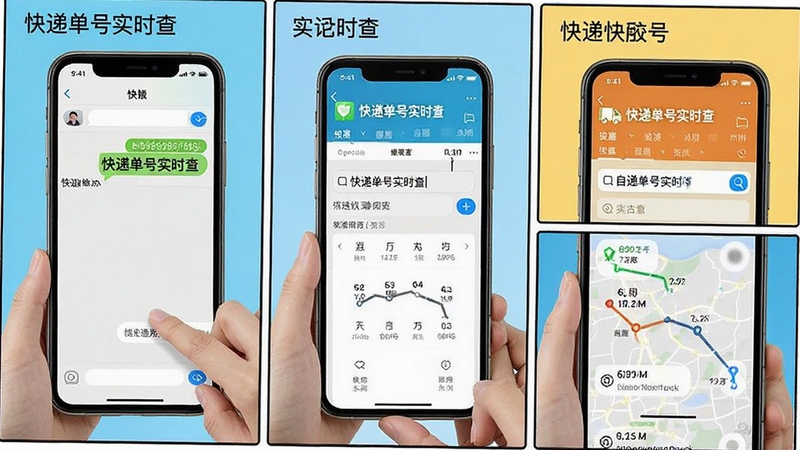生成一张展示手机屏幕操作过程的动态效果图,画面中一只手正在从短信应用中复制一串快递单号,然后切换到快递单号实时查软件界面,单号自动填入搜索框并瞬间显示出物流轨迹,画面以连环画的形式分格展示,色调明亮清晰,突出软件名称“快递单号实时查”的智能识别功能
