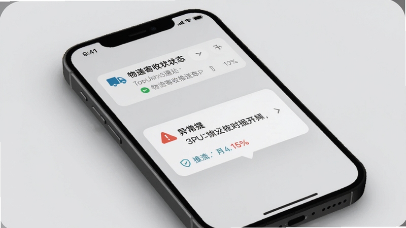 快递寄收状态查软件物流轨迹推送通知界面,手机屏幕显示一条物流更新通知和异常提醒弹窗,背景为浅灰色,通知内容清晰可见,画面主体为手机界面,背景区域有柔和的阴影效果