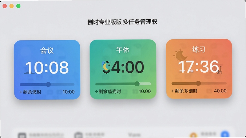 倒计时专业版的多任务管理界面,屏幕上同时显示三个不同颜色的倒计时卡片,分别标注“会议”“午休”“练习”,每个卡片下方有进度条和剩余时间,背景为浅灰色,卡片采用圆角设计,有柔和的阴影效果,整体画面干净整洁