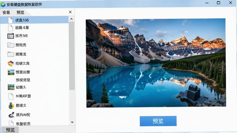 安易硬盘数据恢复软件文件预览功能特写,画面左侧为文件列表,右侧为一个大图预览窗口,展示一张风景照片,界面高亮显示“预览”按钮,整体风格清晰明亮。
