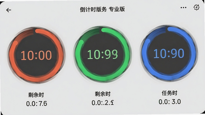 倒计时 专业版多任务计时界面,屏幕上同时显示三个不同颜色的倒计时圆环,每个圆环下方有对应的任务名称和剩余时间,背景为浅灰色,界面清爽,圆环动态旋转