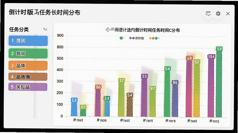 倒计时 专业版统计图表界面,展示一周内的倒计时任务时长分布柱状图,图表色彩鲜艳,背景为白色,左侧有任务分类列表,整体数据可视化清晰