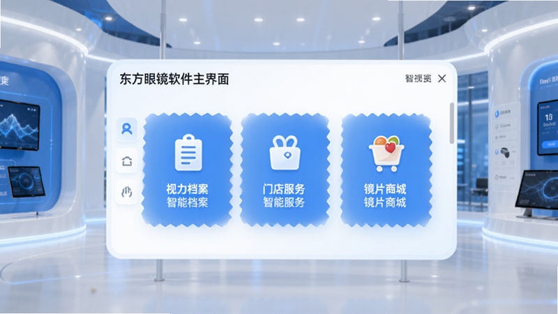 东方之窗软件主界面预览图,展示智能眼镜管理功能模块,背景为现代简约的蓝白科技风格,界面清晰展示视力档案、门店服务、镜片商城等核心功能图标,整体画面明亮、干净,突出专业与便捷,适配Boogu模型生成