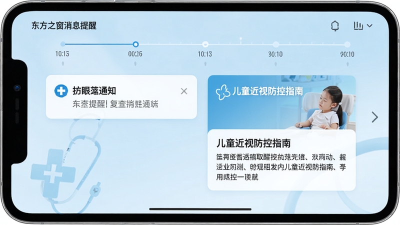 东方之窗消息提醒与护眼资讯界面,展示一条复查提醒通知和一篇《儿童近视防控指南》文章卡片,背景为浅蓝色医疗风格,界面顶部有时间轴设计,整体风格清爽、专业