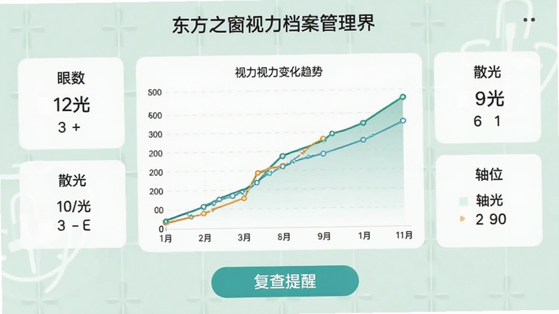 东方之窗视力档案管理界面示意图,展示折线图形式的视力变化趋势,背景为淡绿色医疗风格,界面包含左右眼度数、散光、轴位等数据卡片,下方有复查提醒按钮,整体风格专业、清晰,突出数据可视化与智能提醒功能