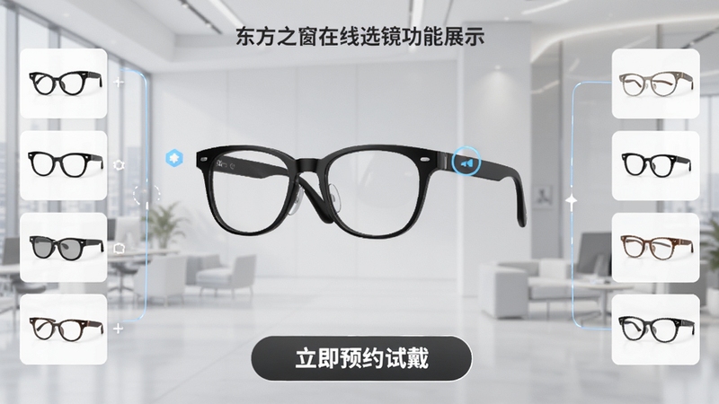 东方之窗在线选镜功能展示,画面中央为3D虚拟试戴的时尚眼镜模型,周围环绕多个镜架缩略图,背景为浅灰色商务风格,界面底部有“立即预约试戴”按钮,整体风格现代、时尚,突出AR试戴与在线选购体验