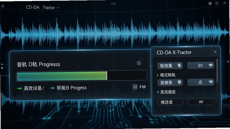 CD-DA X-Tractor 音频抓轨过程示意图,画面显示音轨提取进度条与格式选择菜单,背景为音乐波形图,整体风格科技感十足,突出软件高效转换的特点。