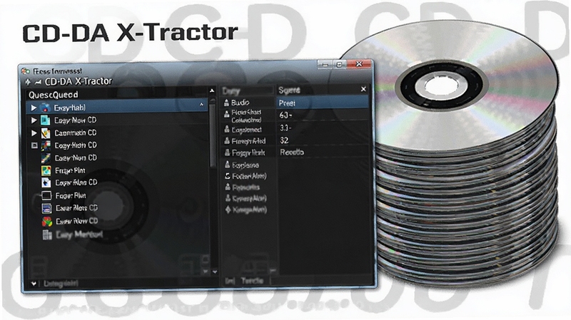 CD-DA X-Tractor 批量处理多张CD音频的示意画面,界面中显示任务队列与文件管理列表,背景为音乐光盘堆叠图案,突出高效管理大量音频资源的能力。