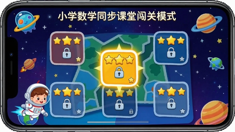 小学数学同步课堂闯关模式截图,画面展示手机屏幕上的地图关卡界面,每个关卡有星星数量和锁头标记,当前关卡高亮显示,背景为宇宙星空主题,色彩鲜艳,卡通宇航员角色,充满冒险感,激发孩子挑战欲望
