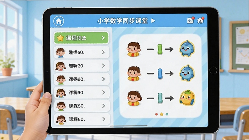 小学数学同步课堂主界面预览图,画面展示平板电脑上的学习应用界面,左侧为课程列表,右侧为趣味数学题,背景为淡蓝色教室,光线明亮,卡通风格,符合儿童审美,整体设计简洁清晰