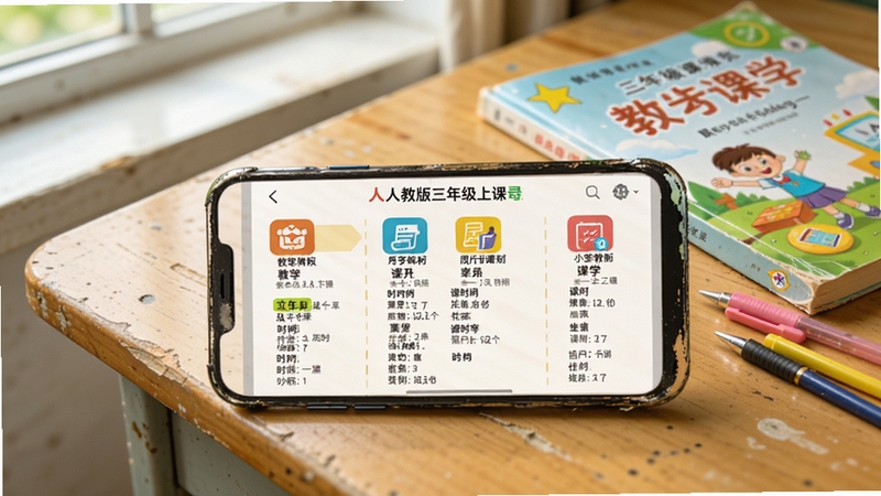 小学数学同步课堂教材同步界面,画面展示手机屏幕上显示人教版三年级上册目录,每个单元配有彩色图标和课时列表,背景为书桌一角,摆放着小学数学课本和文具,自然光照,画面清晰,强调教材匹配度