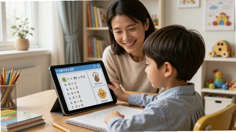 小学数学同步课堂使用场景图,画面展示孩子坐在书桌前使用平板电脑学习,家长在身后微笑观看,平板屏幕上显示数学练习题,背景为整洁的儿童书房,光线柔和,温馨氛围,强调亲子共学和设备使用
