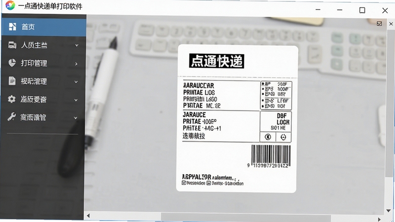 一点通快递单打印软件主界面展示,左侧功能导航栏,右侧预览区域显示一张待打印的快递面单,背景为浅灰色工作台,整体风格简洁明亮,软件名称出现在界面顶部标题栏,画面清晰,细节丰富
