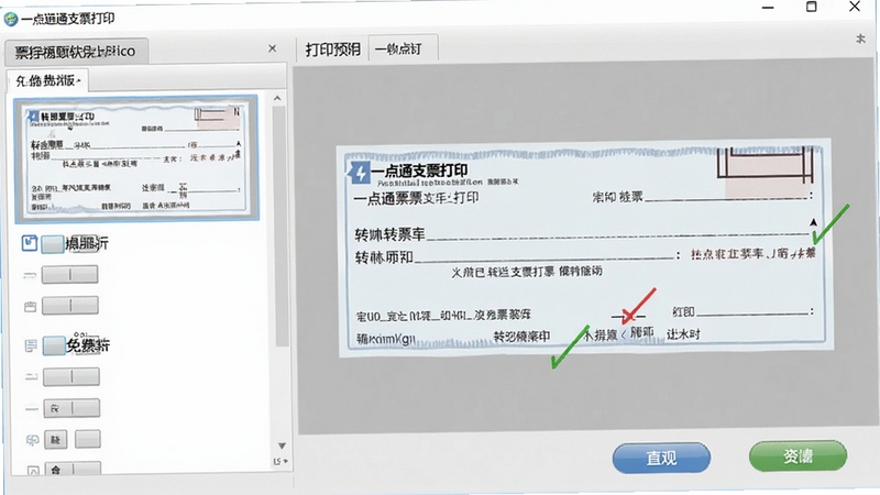 一点通支票打印 免费版 软件界面截图风格概念图,左侧为银行票据模板列表,右侧为打印预览区域,显示一张已勾选打印位置的转账支票,界面简洁清晰,按钮标识明显,背景为浅灰色桌面,画面结构规整,突出软件操作直观便捷的特点