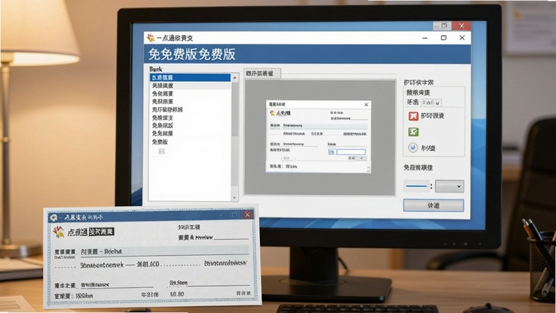 一张电脑屏幕显示一点通支票打印 免费版 软件主界面的特写,窗口内有银行列表、打印预览、微调按钮等元素,屏幕前放置一张打印好的支票样张,画面清晰,办公桌光线柔和,突出软件的专业性与可靠性