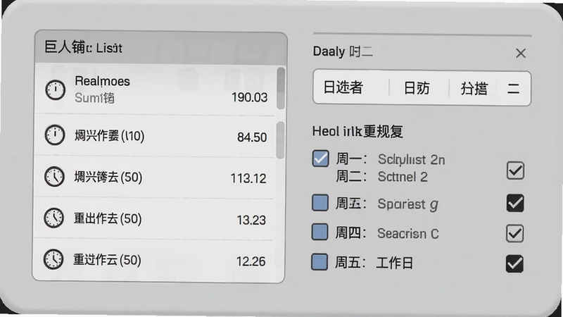 巨人电脑闹钟定时模式设置界面,显示多种时间周期选项,背景为浅灰色面板,左侧为闹钟列表,右侧为日期选择器与重复规则勾选框,画面清晰展示周一至周五的工作日选项,整体风格商务简约,突出功能多样性