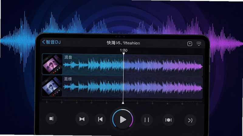 展示快嗨DJ播放器智能混音功能的操作界面,突出显示两首歌曲波形在时间轴上的对齐状态,背景为流动的声波频谱,色彩蓝紫渐变,科技感十足