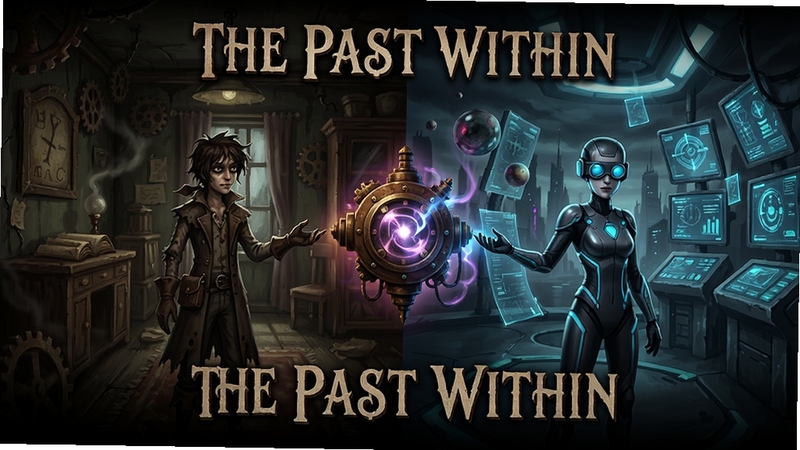 游戏主视觉图,The Past Within 双人合作解谜游戏,锈湖风格,画面中一位角色站在过去风格的房间,另一位在未来科技感的场景,两人通过一个神秘装置连接,整体色调暗沉,带有超现实元素,高清游戏宣传图