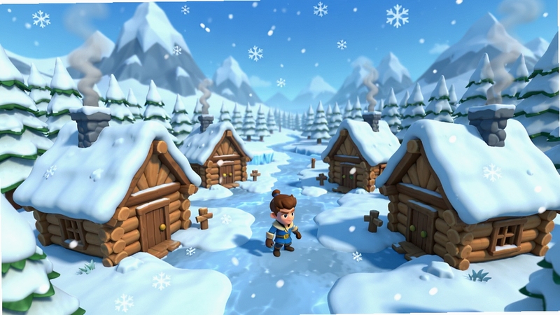 Icy Village游戏整体场景预览图,展示冰雪覆盖的村庄全貌,画面中央是玩家控制的角色和几座木质小屋,背景是雪山和松林,天空飘着雪花,整体色调以蓝白为主,卡通渲染风格,画面清晰明亮,细节丰富,适合用作游戏宣传图