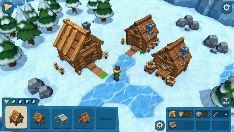 Icy Village游戏建造界面预览图,展示玩家正在冰雪空地上规划建造木屋和工坊,界面下方有建筑菜单和资源栏,地面覆盖积雪,周围有树木和石头资源点,卡通风格,色彩明亮,UI布局清晰