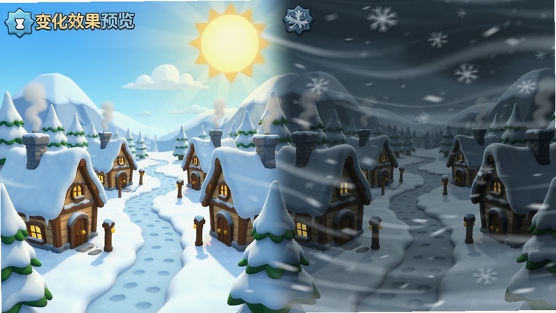 Icy Village游戏天气变化效果预览图,画面左侧是阳光下的雪地村庄,右侧是暴风雪来临时的昏暗场景,对比强烈,展示不同天气下村庄的视觉效果,卡通风格,色彩氛围差异明显