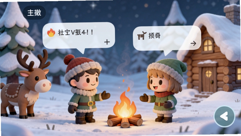 Icy Village角色互动界面预览图,展示两个卡通角色在篝火旁交谈,周围有驯鹿和小屋,角色头顶有对话气泡,画面温馨,色彩柔和,突出社交与养成元素