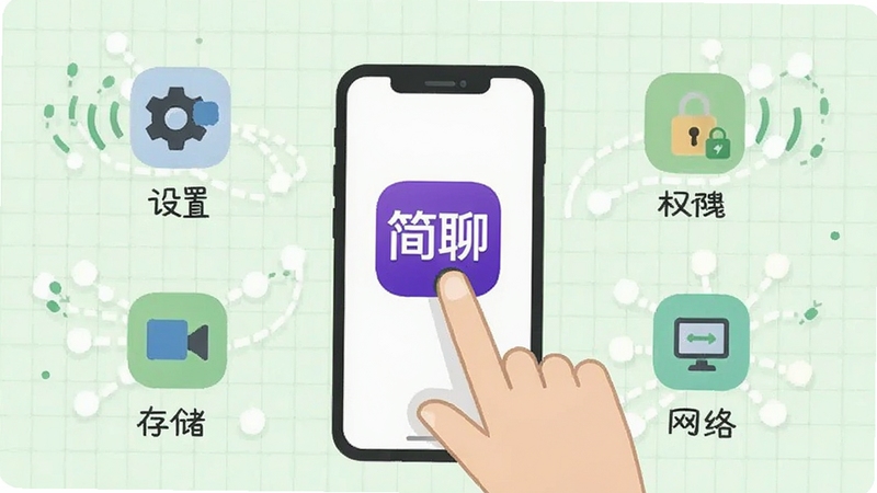 简聊使用指南示意图,画面中央是一只手正在点击手机屏幕上的简聊图标,周围分散着几个小图标,分别代表设置、存储、权限、网络等,背景是干净的浅绿色网格,扁平化风格,线条简洁,突出指引与操作。