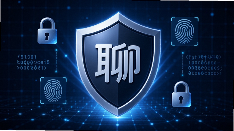 简聊安全防护示意图,画面中央是一个盾牌图标,盾牌上刻有简聊的Logo,周围环绕着锁头、指纹、加密代码等元素,背景是深蓝色科技感网格,光线从盾牌后方射出,整体风格严谨,突出安全可靠。