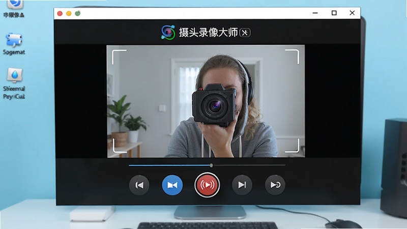 摄像头录像大师主界面预览图,展示简洁的录制控制面板和摄像头预览画面,背景为淡蓝色调的电脑桌面环境,图标清晰,突出软件名称,画面明亮清晰